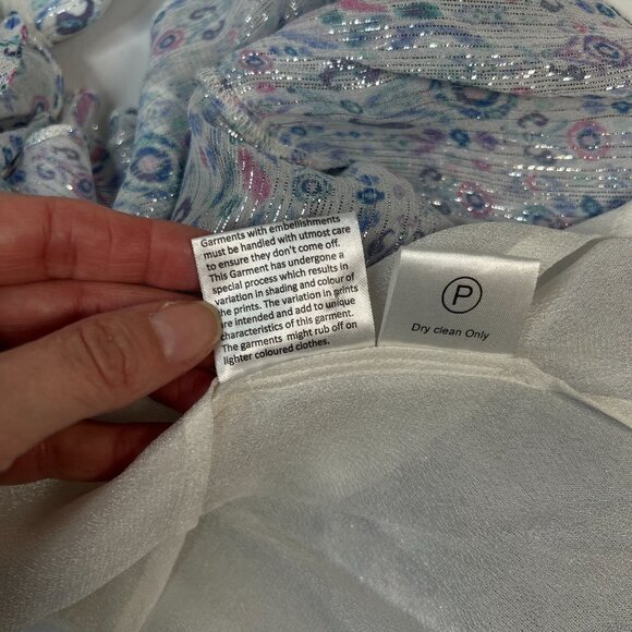 Rococo Sand Floral Lurex Chiffon Mini Dress Blue Multicolor Romantic Petite PP - Picture 13 of 14